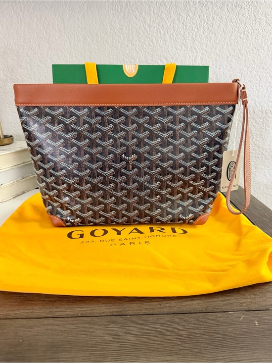 Goyard Handbags - Goyard Brown Goyardine Zip Wristlet with Tan Leather Trim